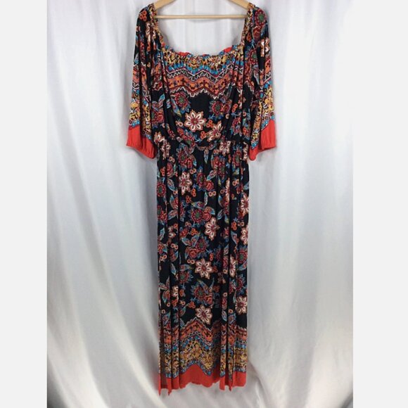 Enfocus Studio Women' Plus Size Maxi Dress 20W Peasant Floral Aztec Off Shoulder - Picture 2 of 10